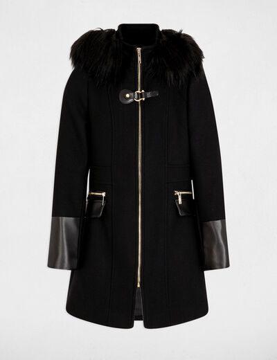 Manteau droit zipp&eacute; &agrave; capuche noir femme