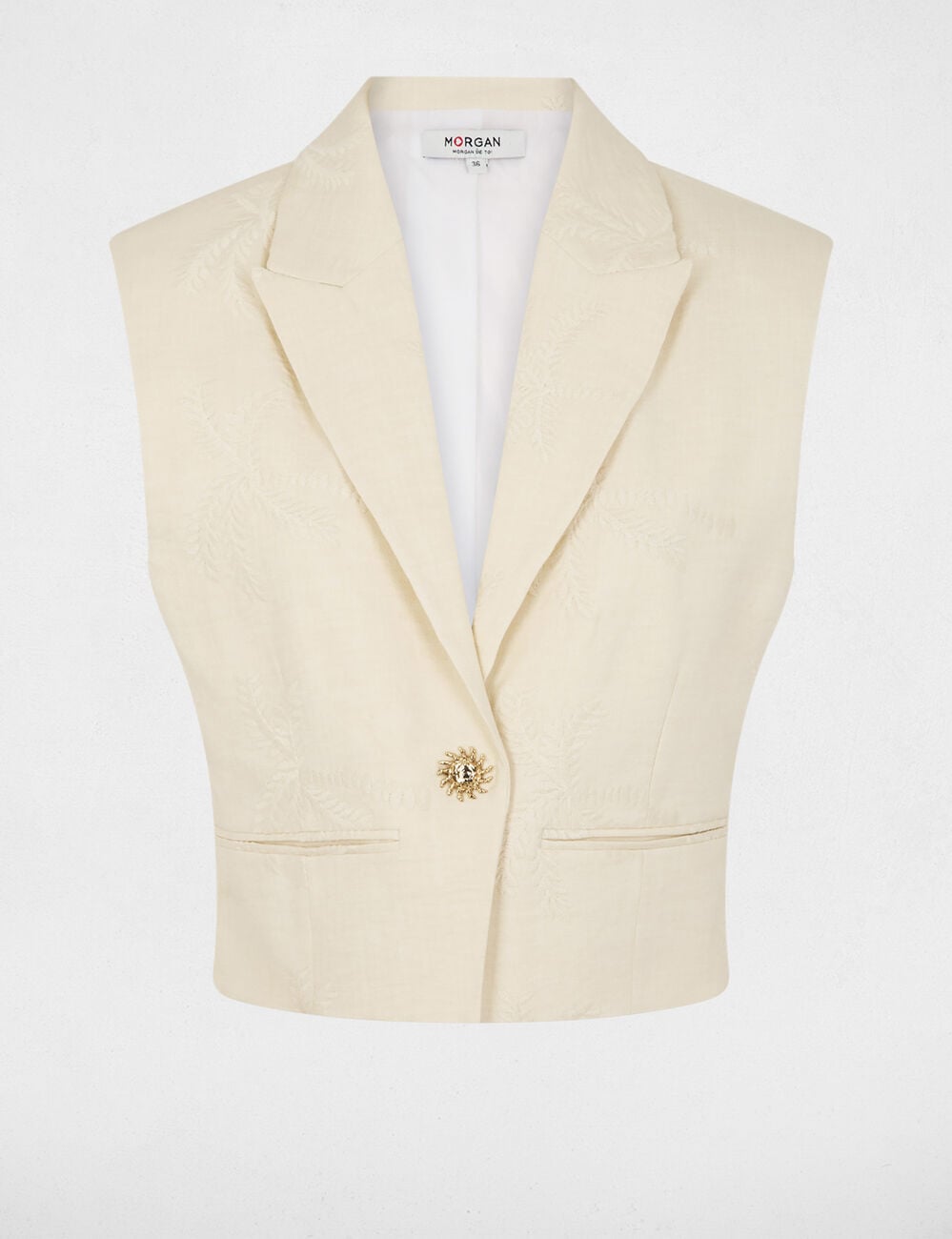 Veste sans manches brod&eacute;e creme femme
