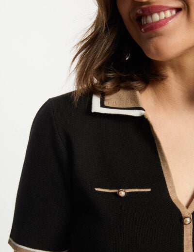 Pull col polo manches courtes noir femme
