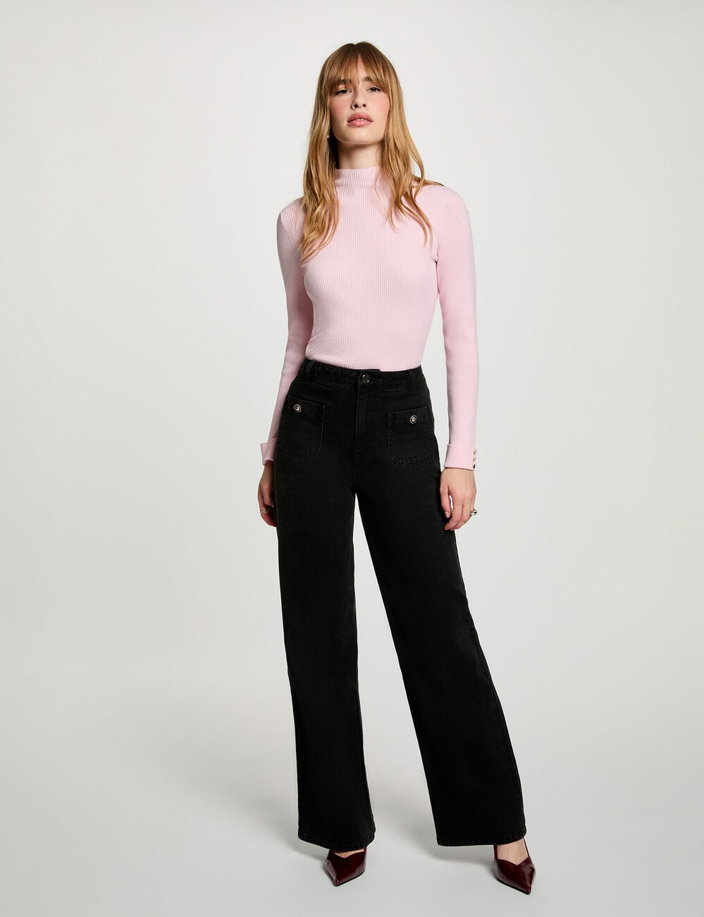 Pull col montant rose pastel femme