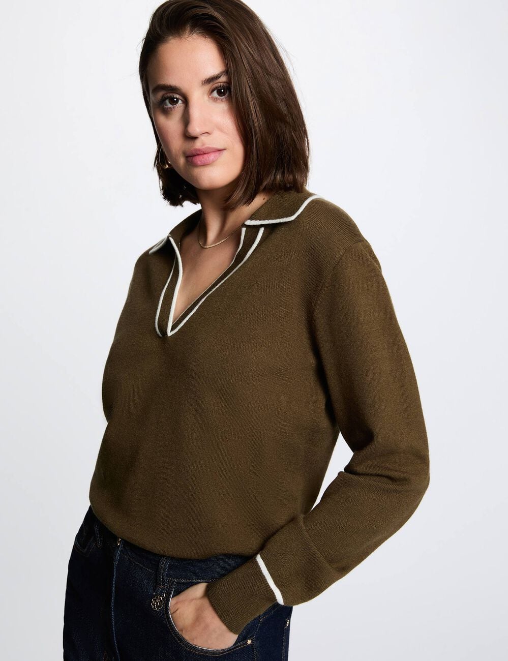 Pull col polo vert kaki femme