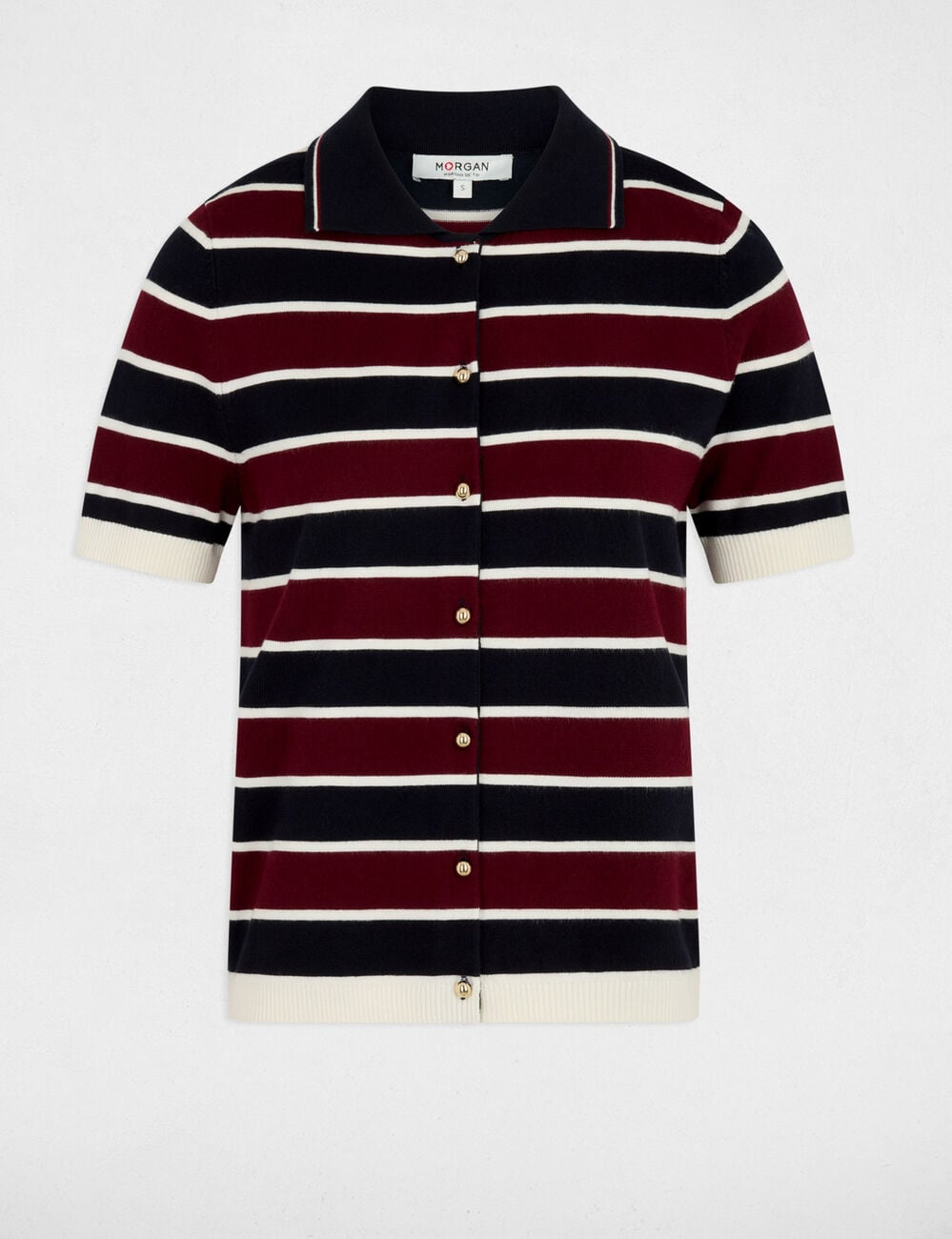Pull col polo ray&eacute; bordeaux femme