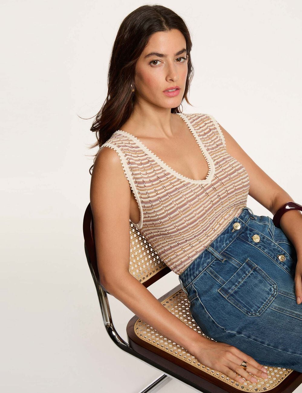 Pull ajust&eacute; col v beige femme