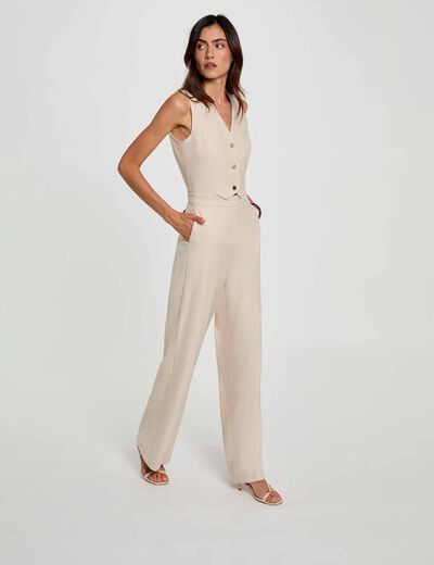 Combinaison large col v beige femme
