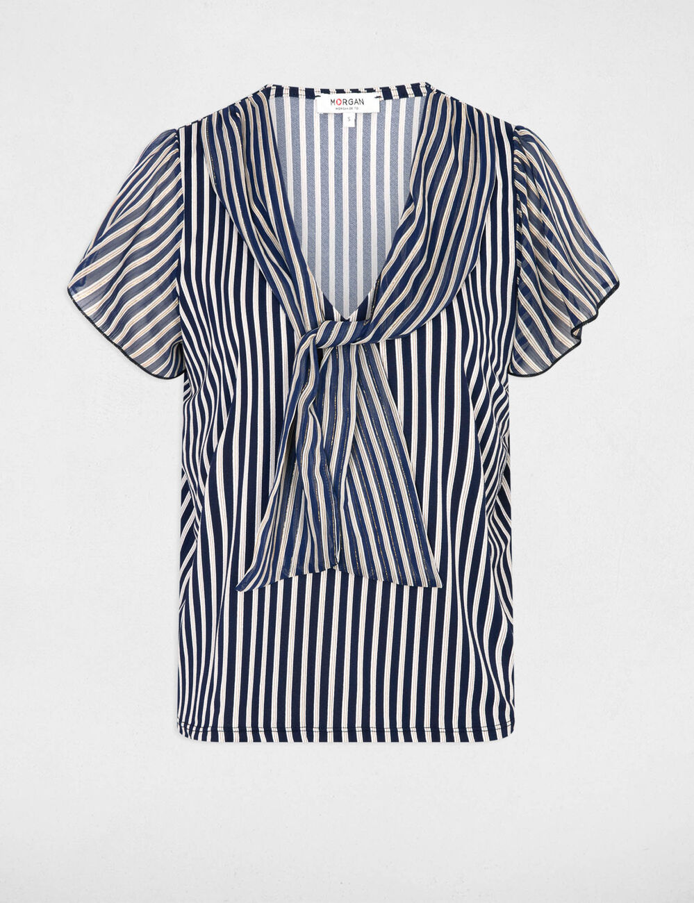 T-shirt col lavalli&egrave;re bleu marine femme