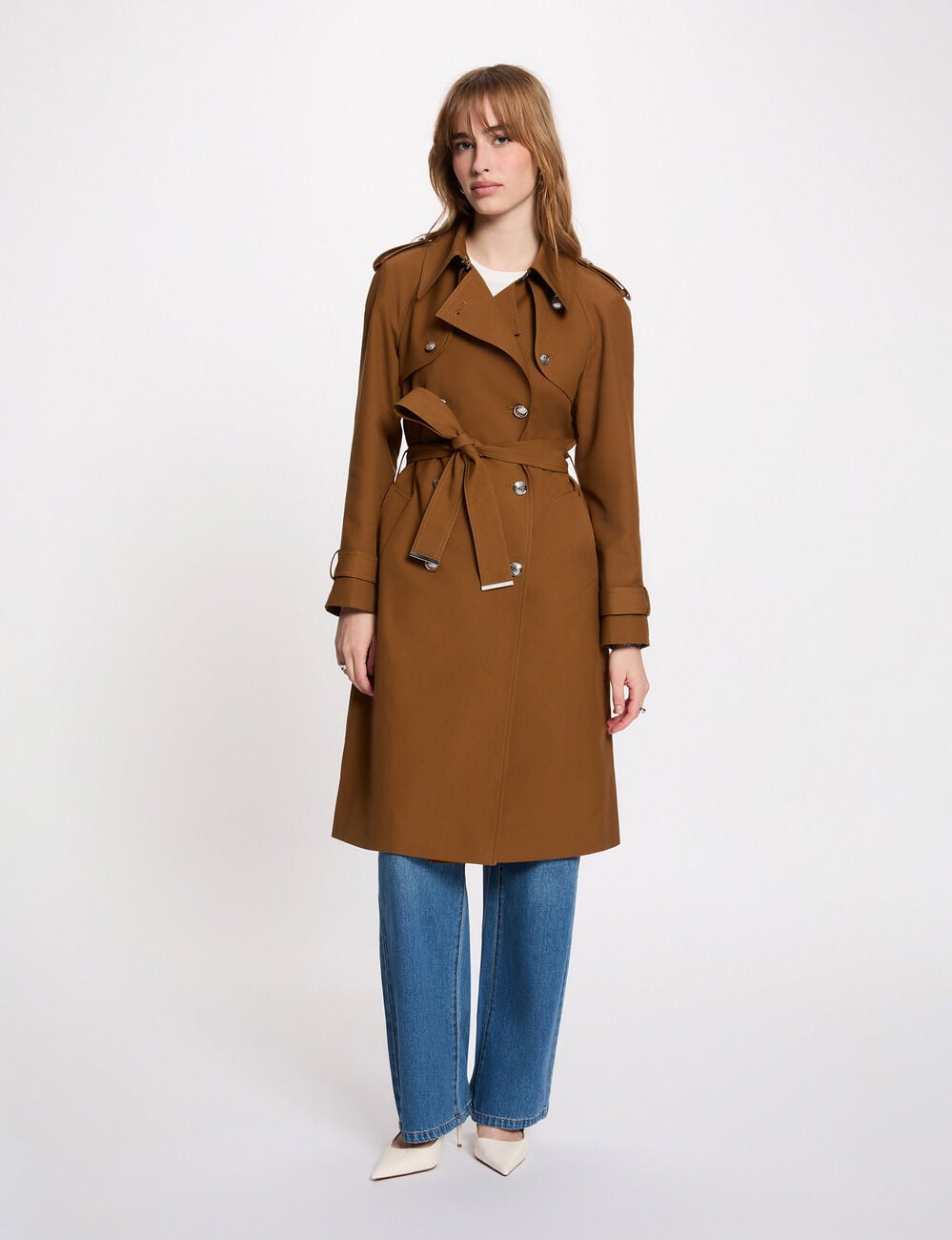 Trench long ceintur&eacute; camel femme