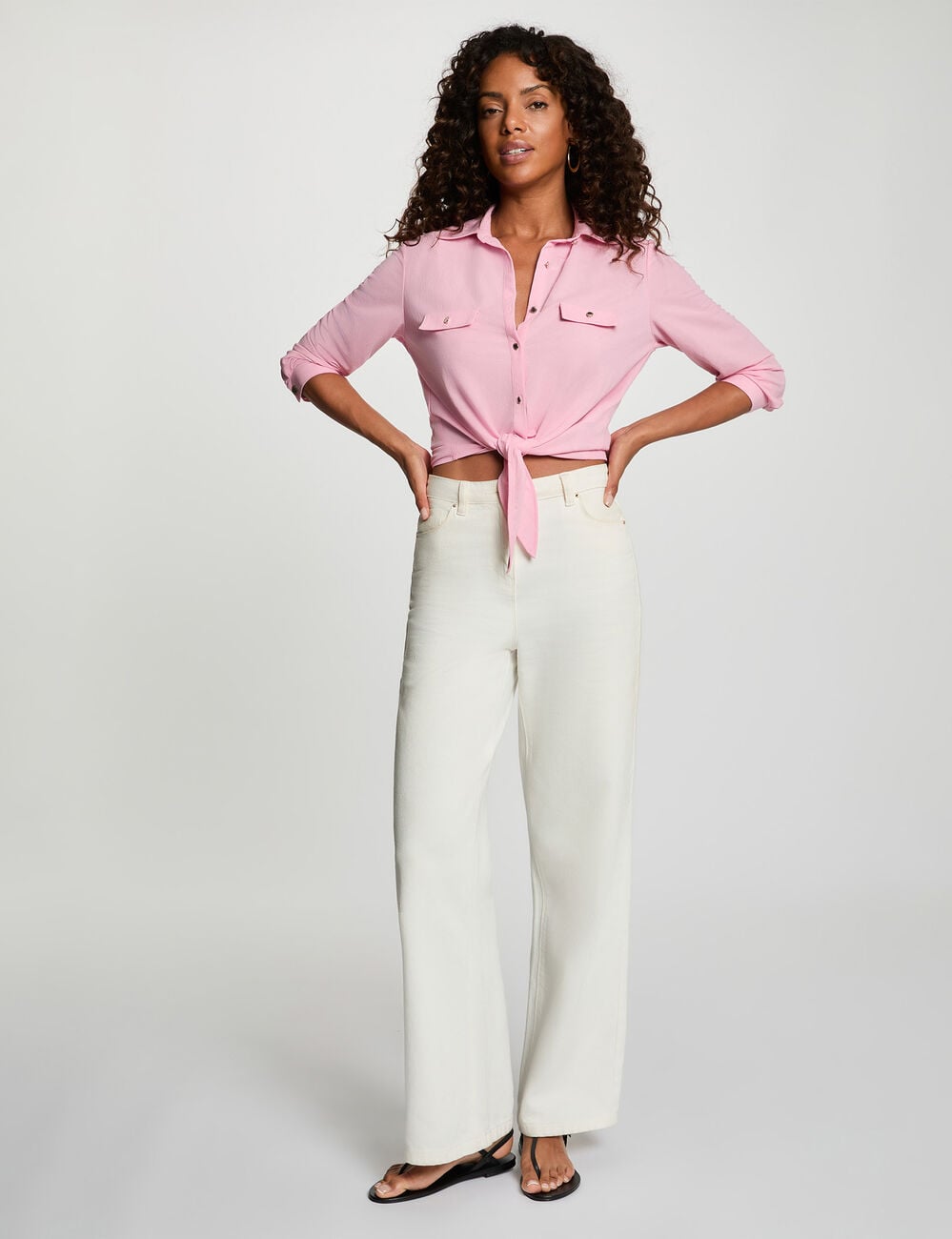 Chemise nou&eacute;e col &agrave; revers rose pastel femme