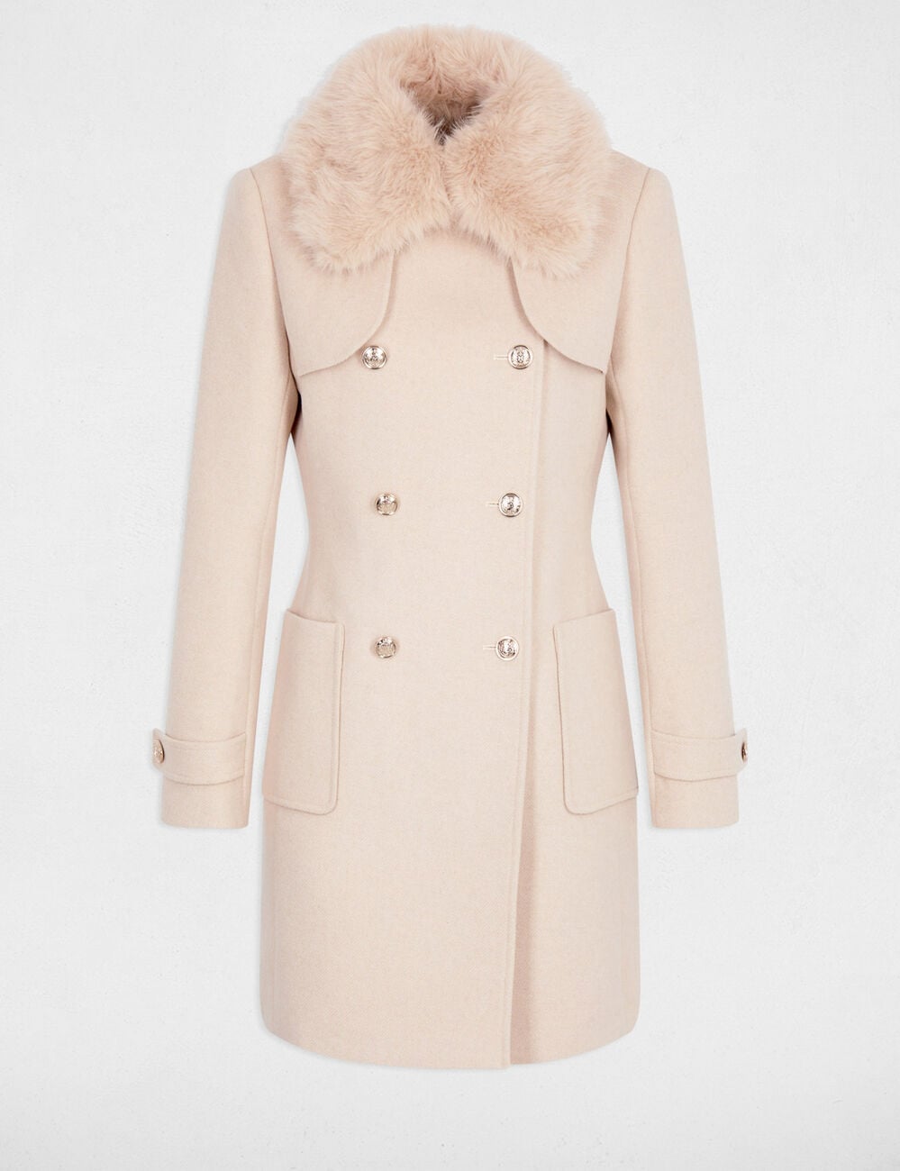 Manteau droit col fourrure beige femme
