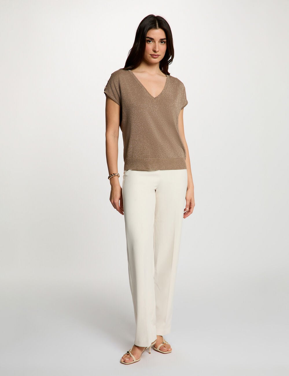 Pull oversize col v taupe femme