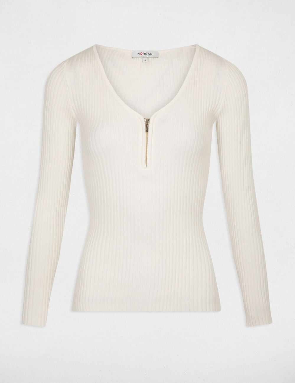 Pull manches longues tricotage en c&ocirc;te ecru femme