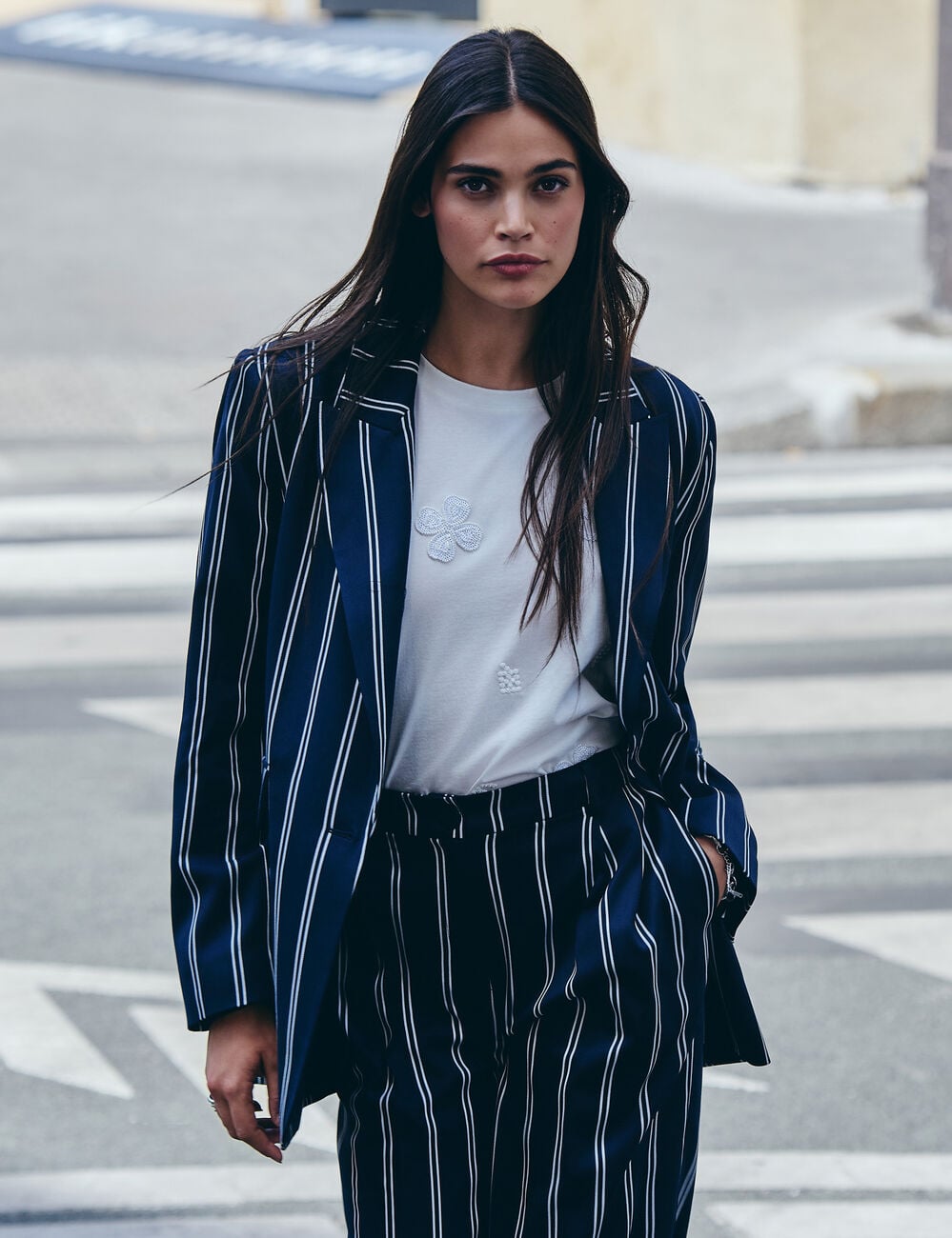Blazer ray&eacute; col tailleur bleu marine femme