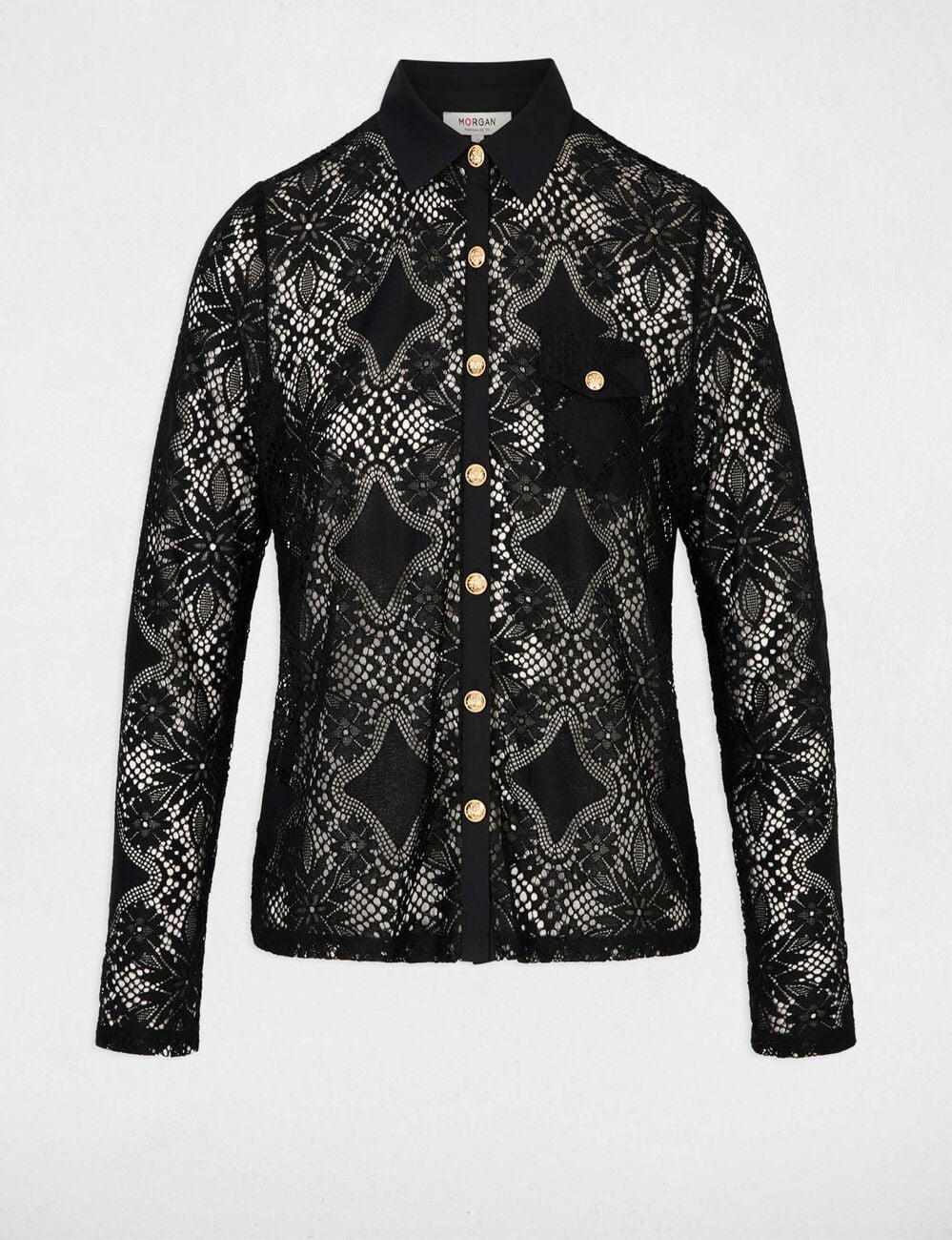 Chemise dentelle col &agrave; revers noir femme