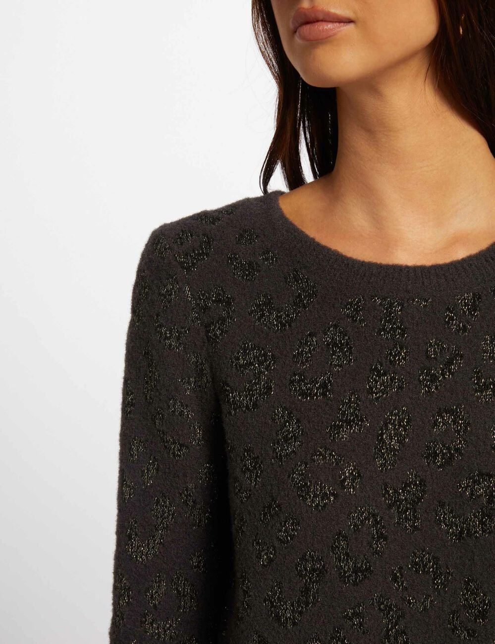 Pull col rond imprim&eacute; gris anthracite femme