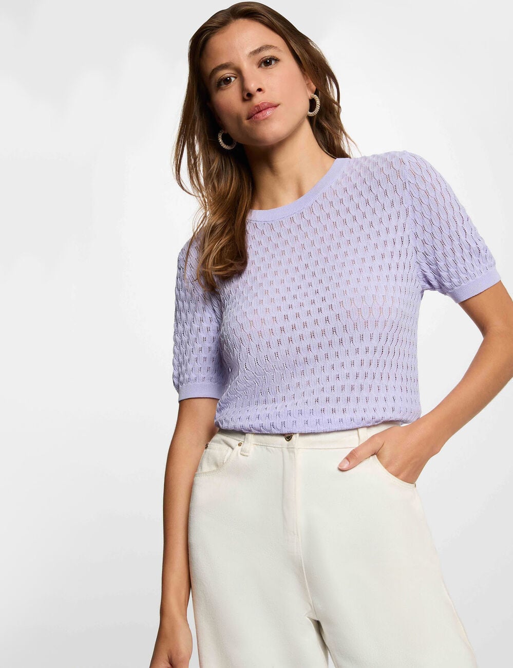 Pull fin col rond mauve femme
