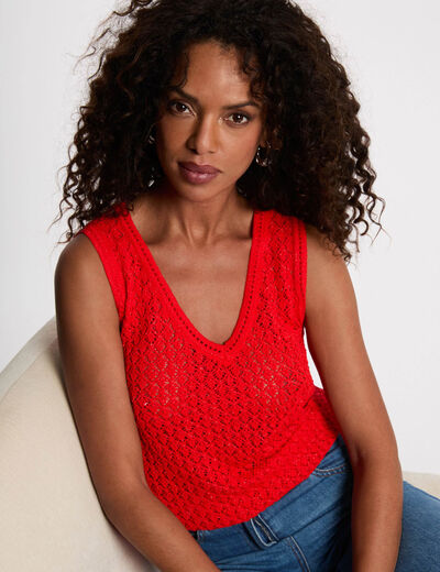 Top crochet col v rouge vif femme