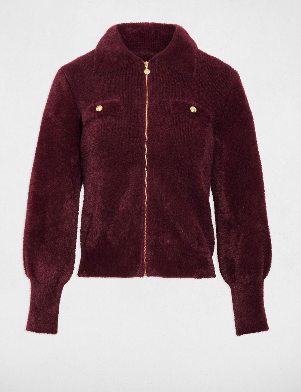 Gilet manches longues col &agrave; revers prune femme
