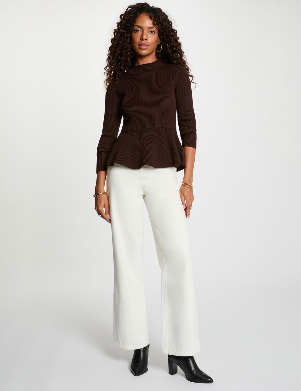 Pull col montant marron fonc&eacute; femme