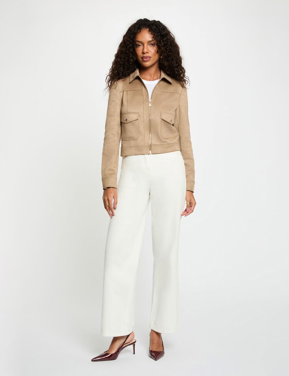 Blouson court su&eacute;dine taupe femme