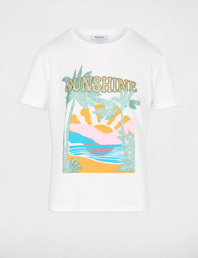 T-shirt imprim&eacute; col rond blanc femme