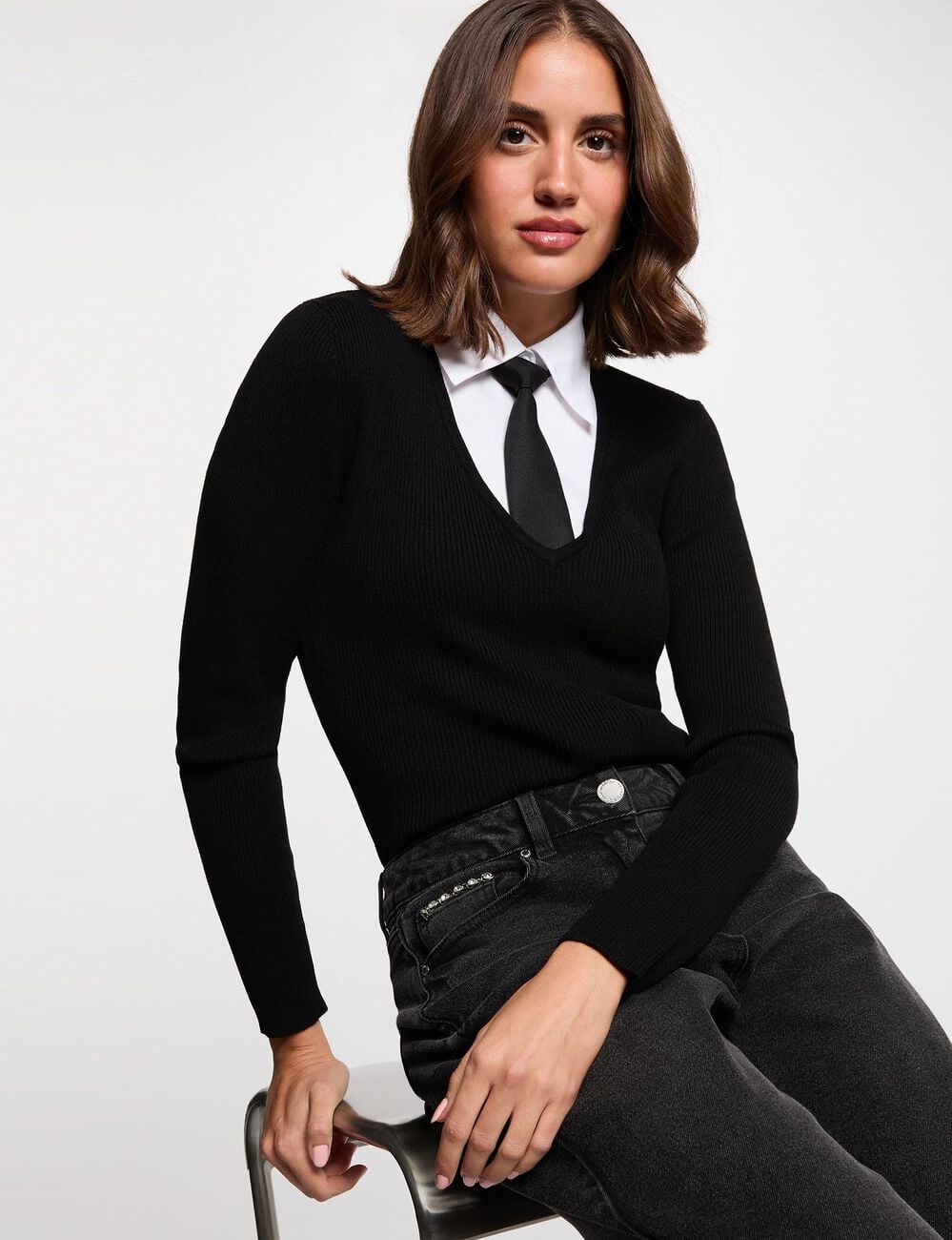 Pull 2-en-1 col &agrave; revers noir femme