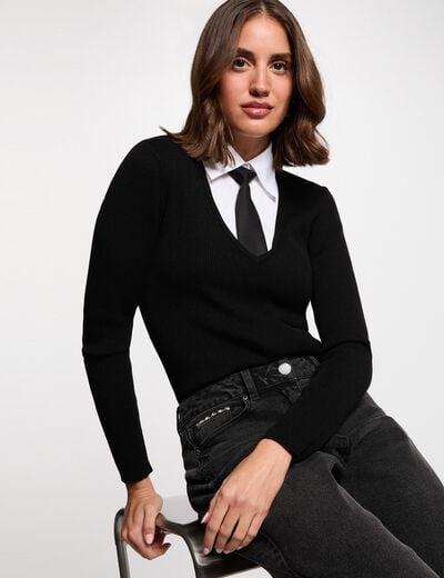 Pull 2-en-1 col &agrave; revers noir femme
