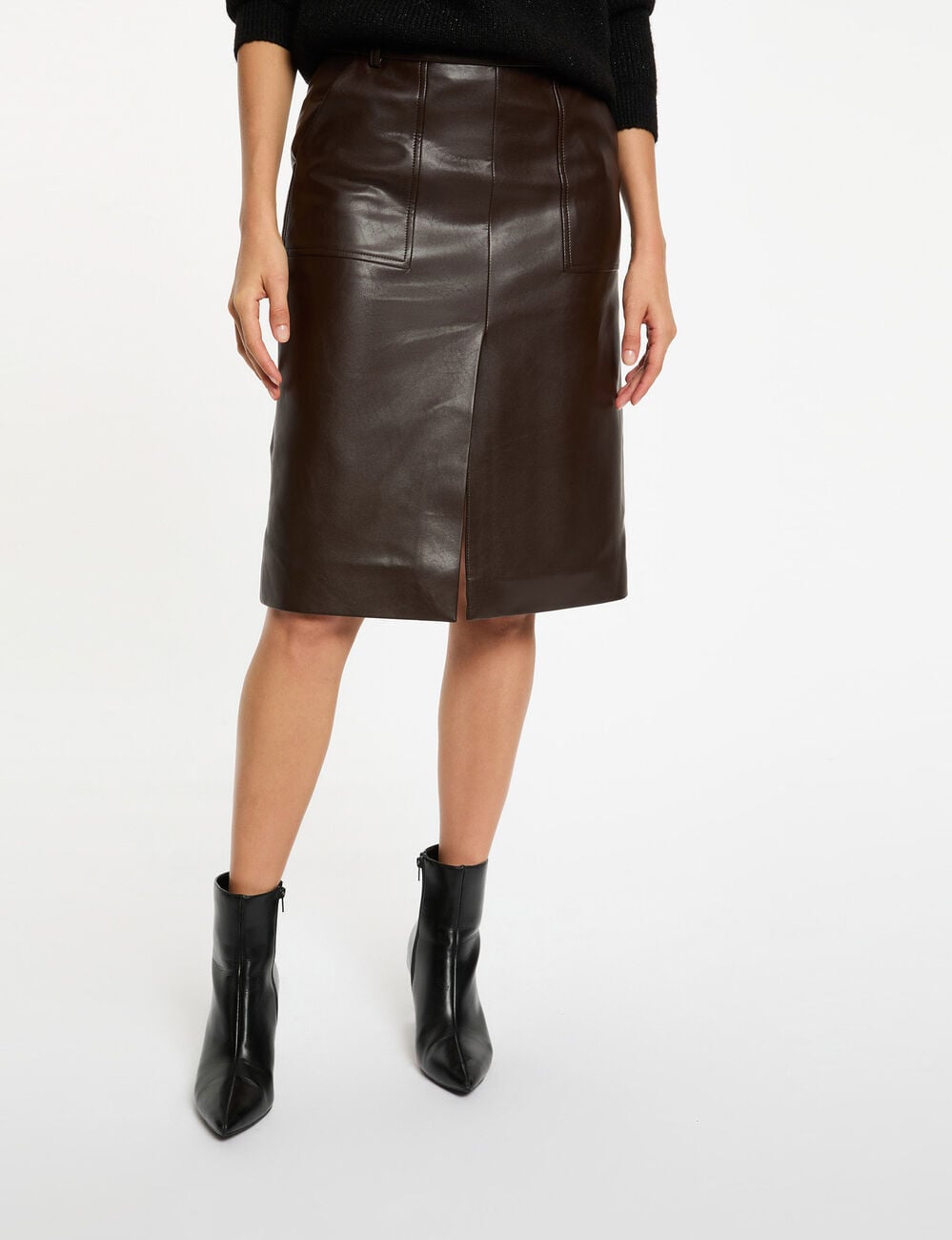 Jupe ajust&eacute;e simili cuir marron fonc&eacute; femme