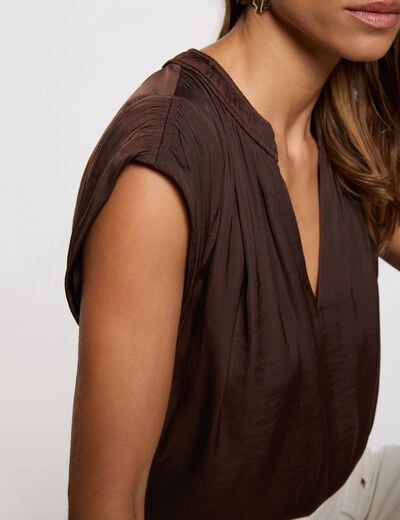 Blouse manches courtes satin marron fonc&eacute; femme