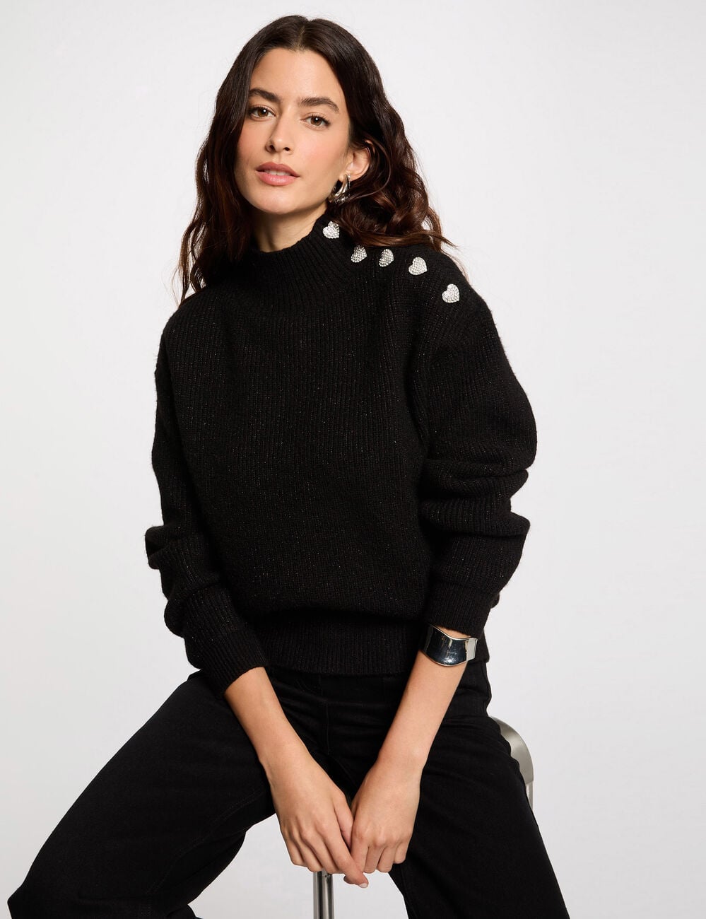 Pull manches longues avec boutons noir femme