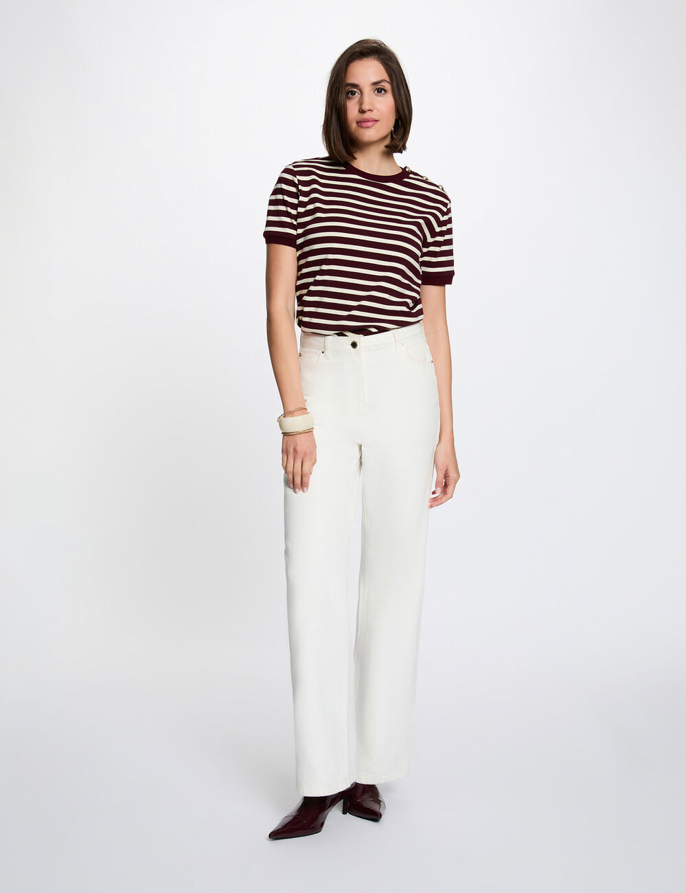 T-shirt ray&eacute; col rond prune femme