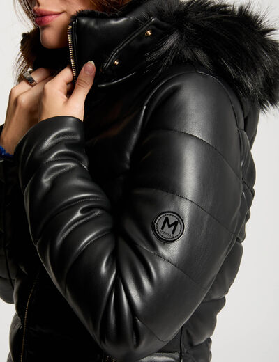 Doudoune simili cuir capuche noir femme