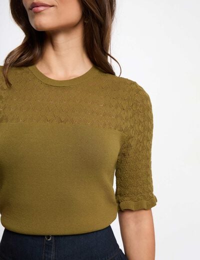 Pull manches courtes vert olive femme