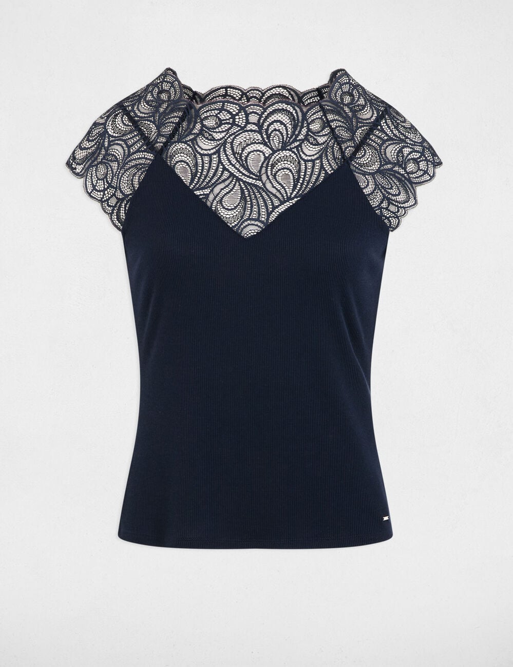 T shirt en dentelle col rond bleu marine femme