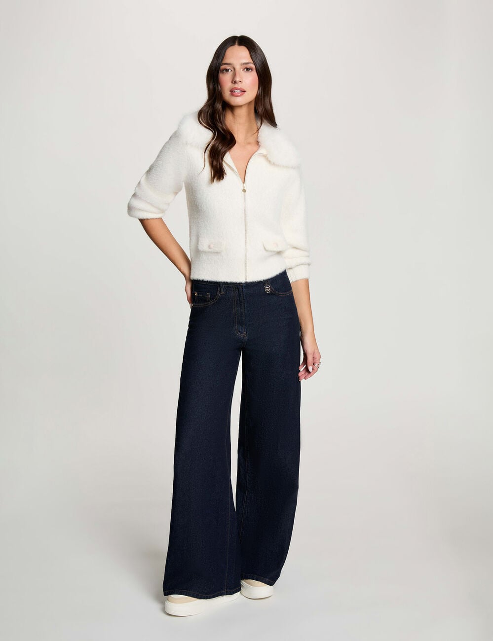 Veste avec col en fourrure ivoire femme