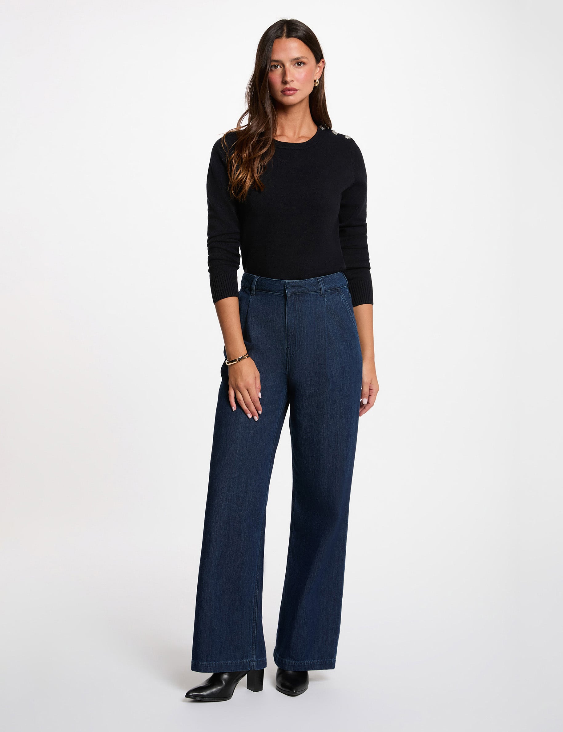 Pull col rond boutons bleu marine femme