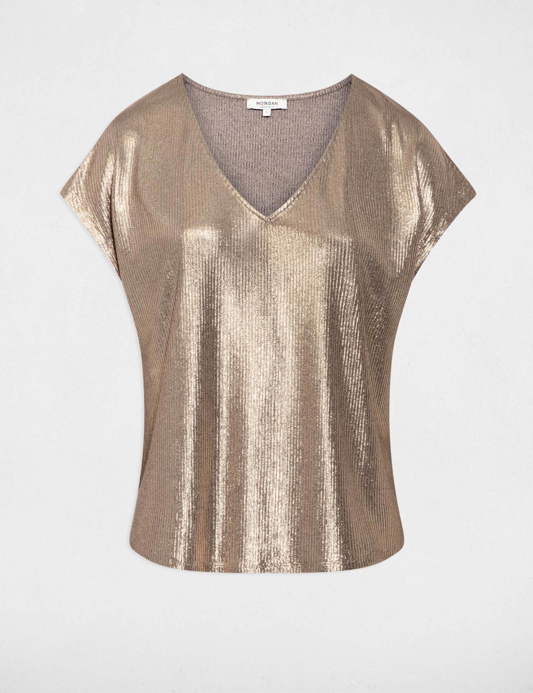 T-shirt col v c&ocirc;tel&eacute; couleur bronze femme