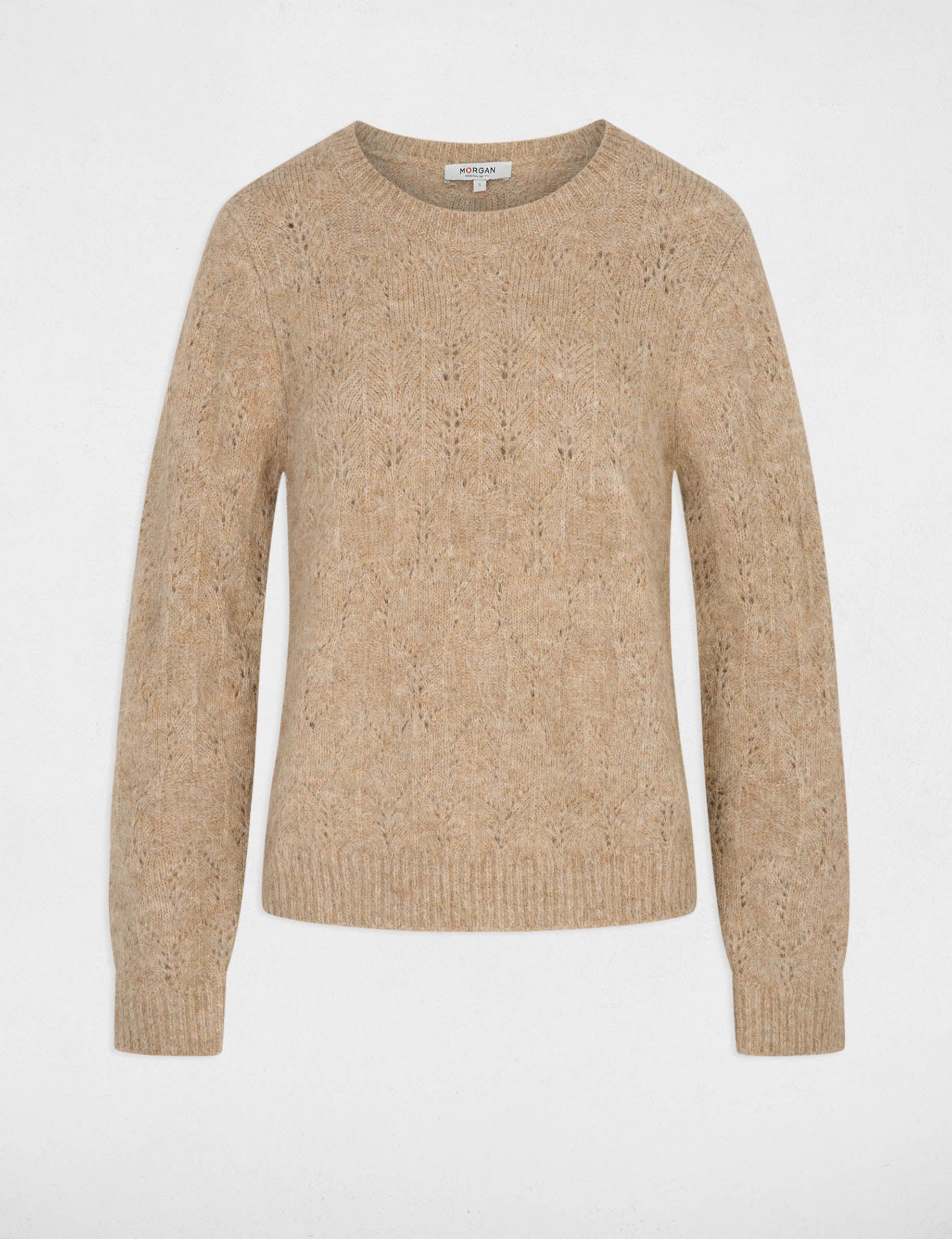 Pull ajour&eacute; col rond beige femme
