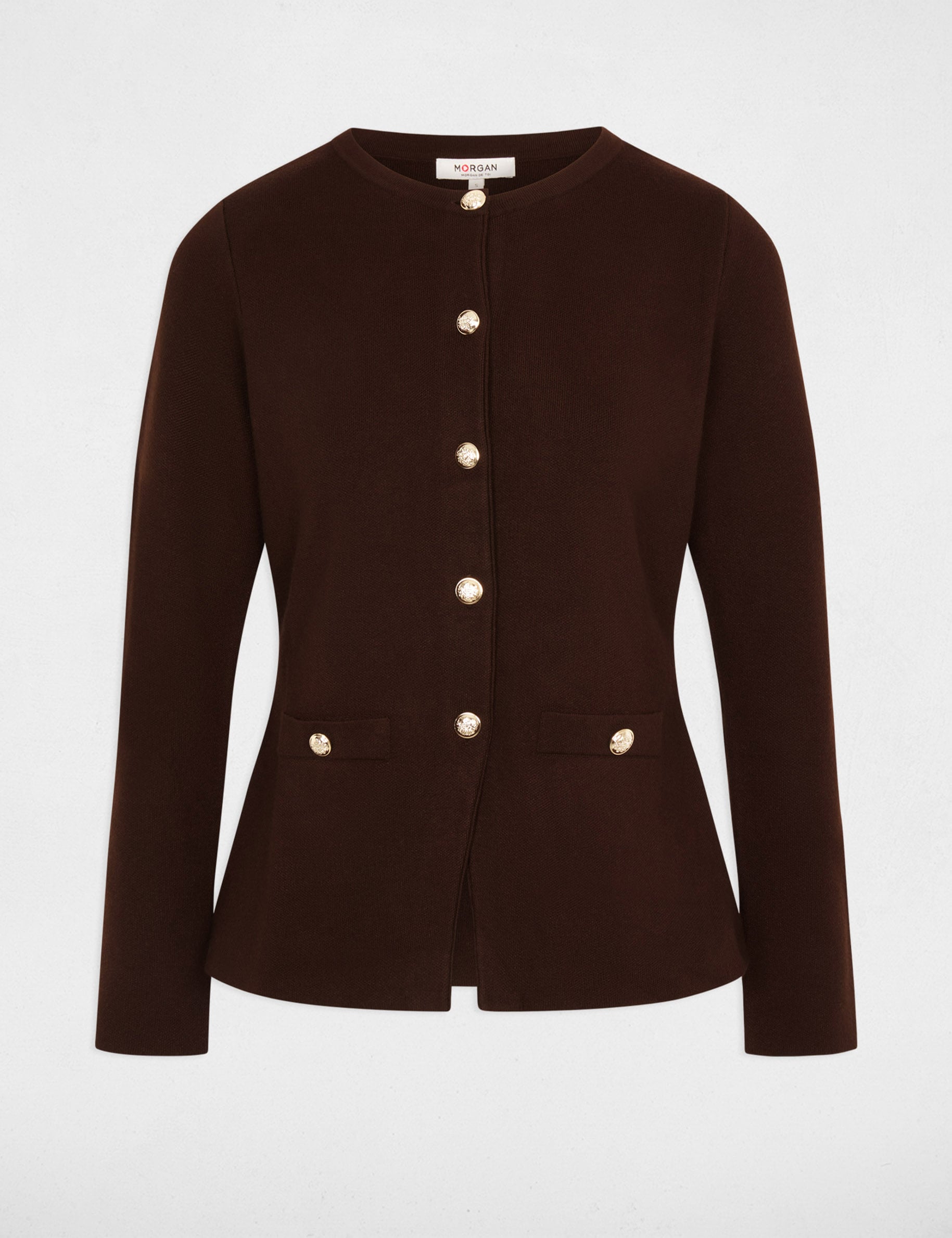 Gilet col rond marron fonc&eacute; femme