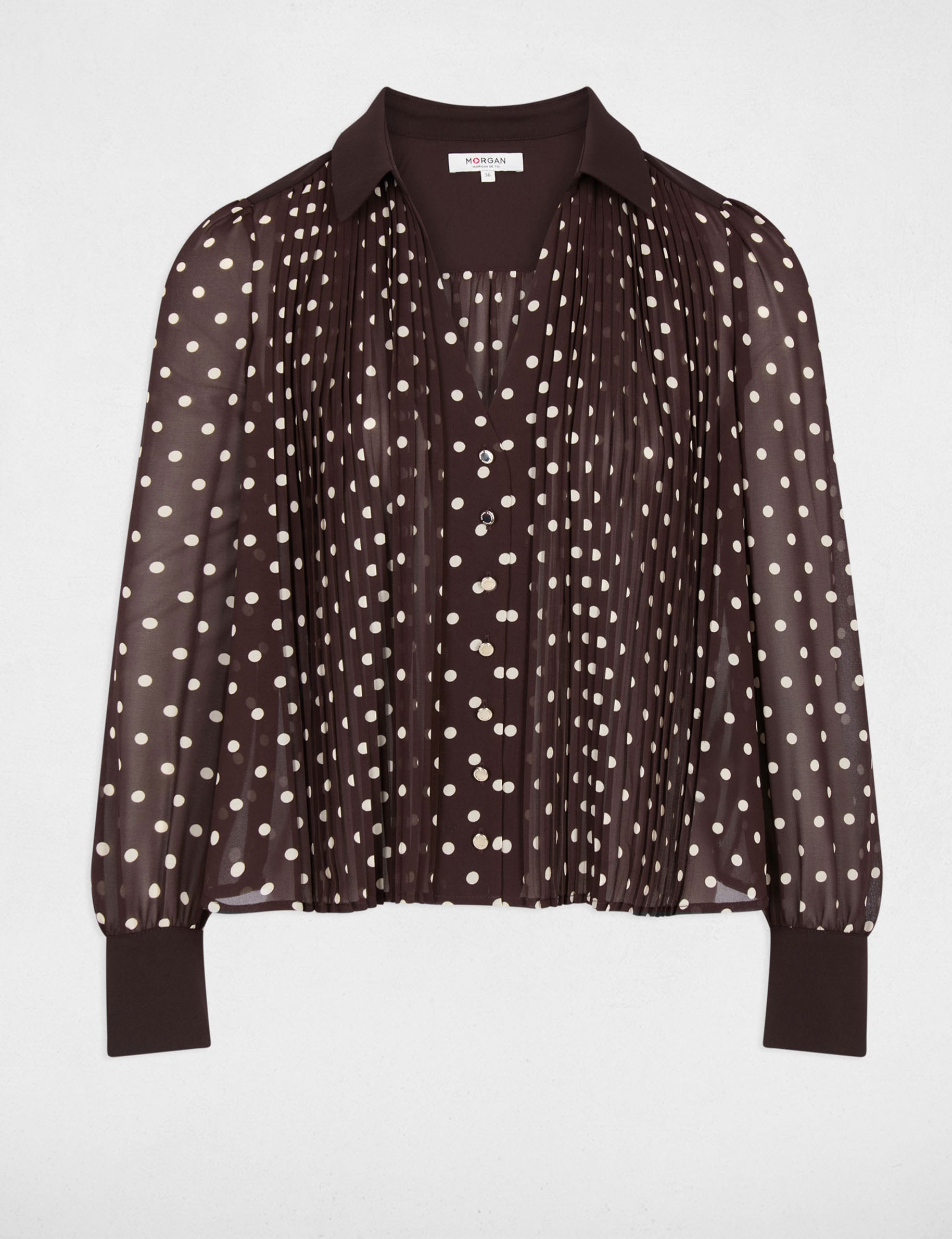 Chemise manches longues &agrave; pois marron fonc&eacute; femme