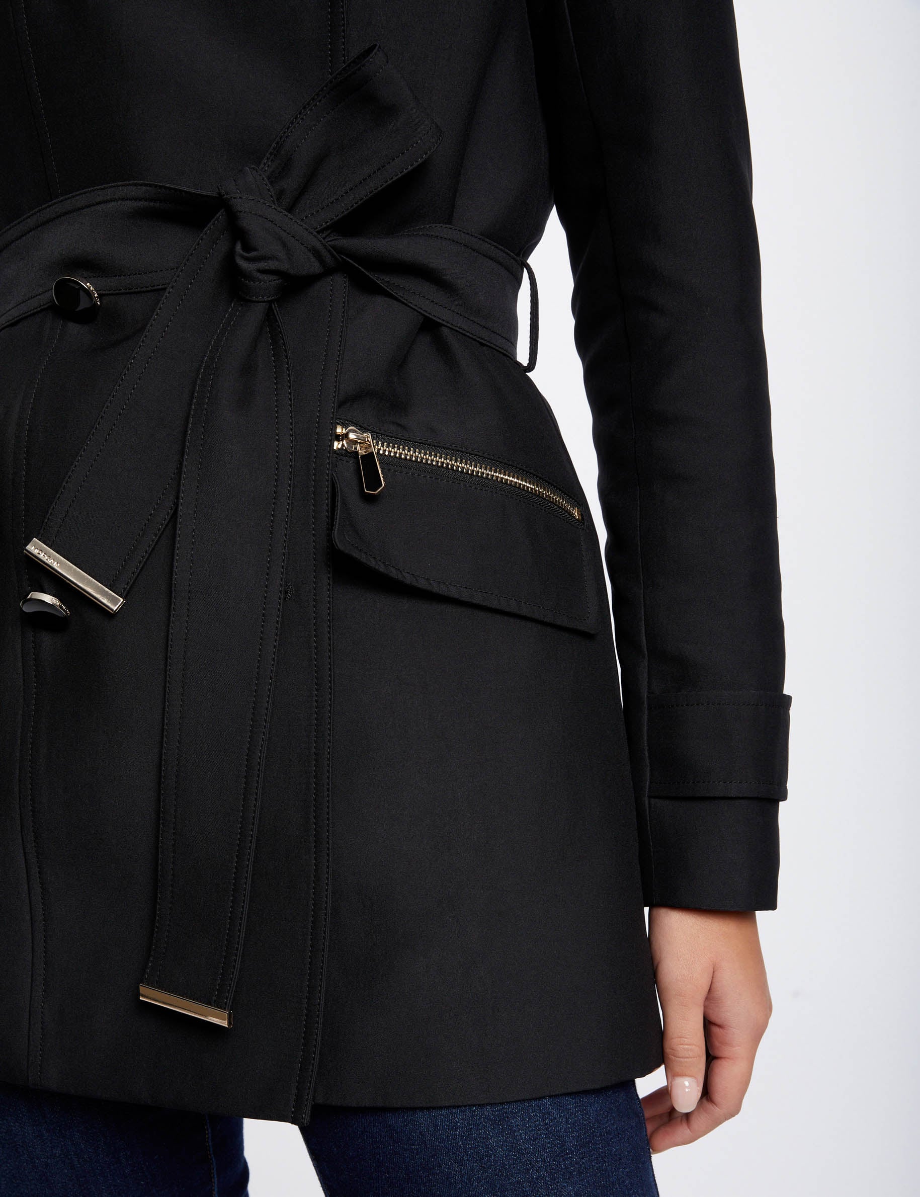 Trench cintr&eacute; ceintur&eacute; &agrave; capuche noir femme