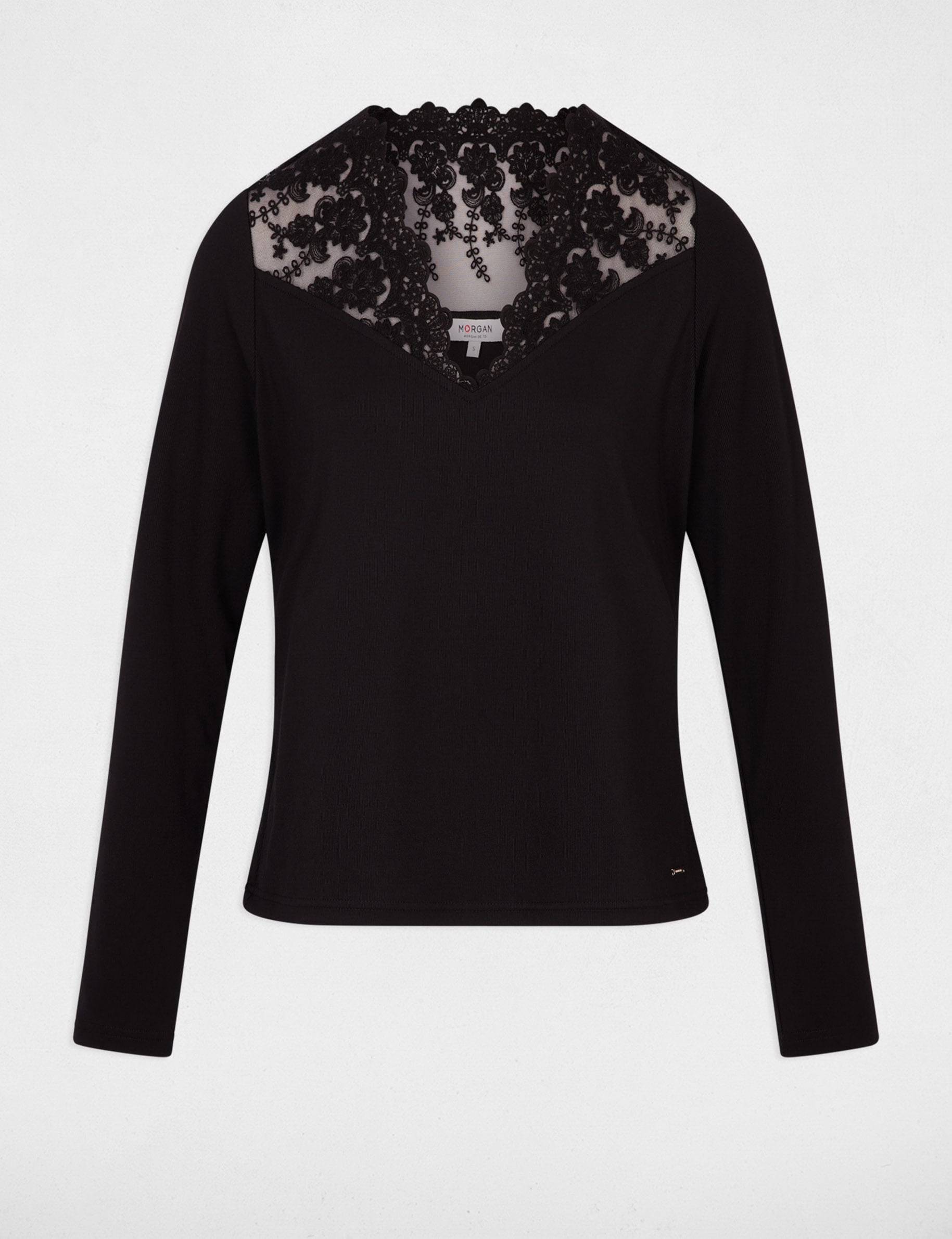 T-shirt col v dentelle noir femme