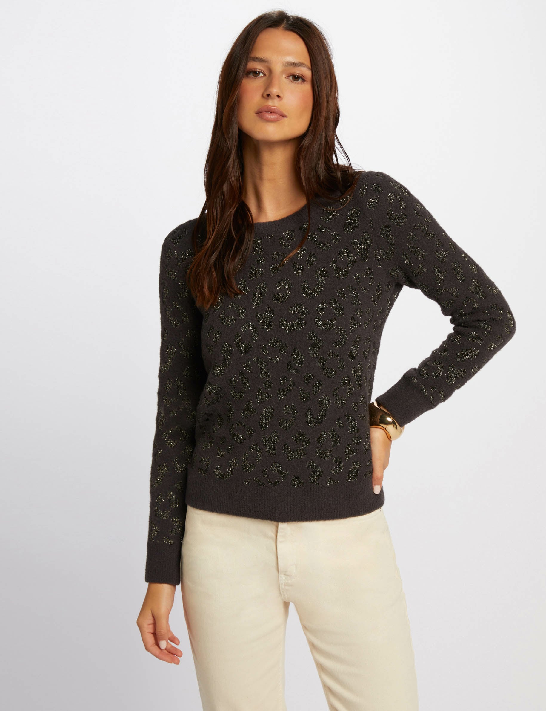 Pull col rond imprim&eacute; gris anthracite femme