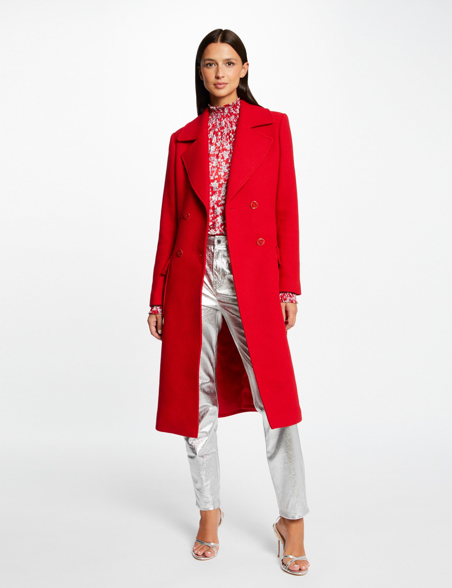 Manteau long cintr&eacute; ceintur&eacute; rouge femme