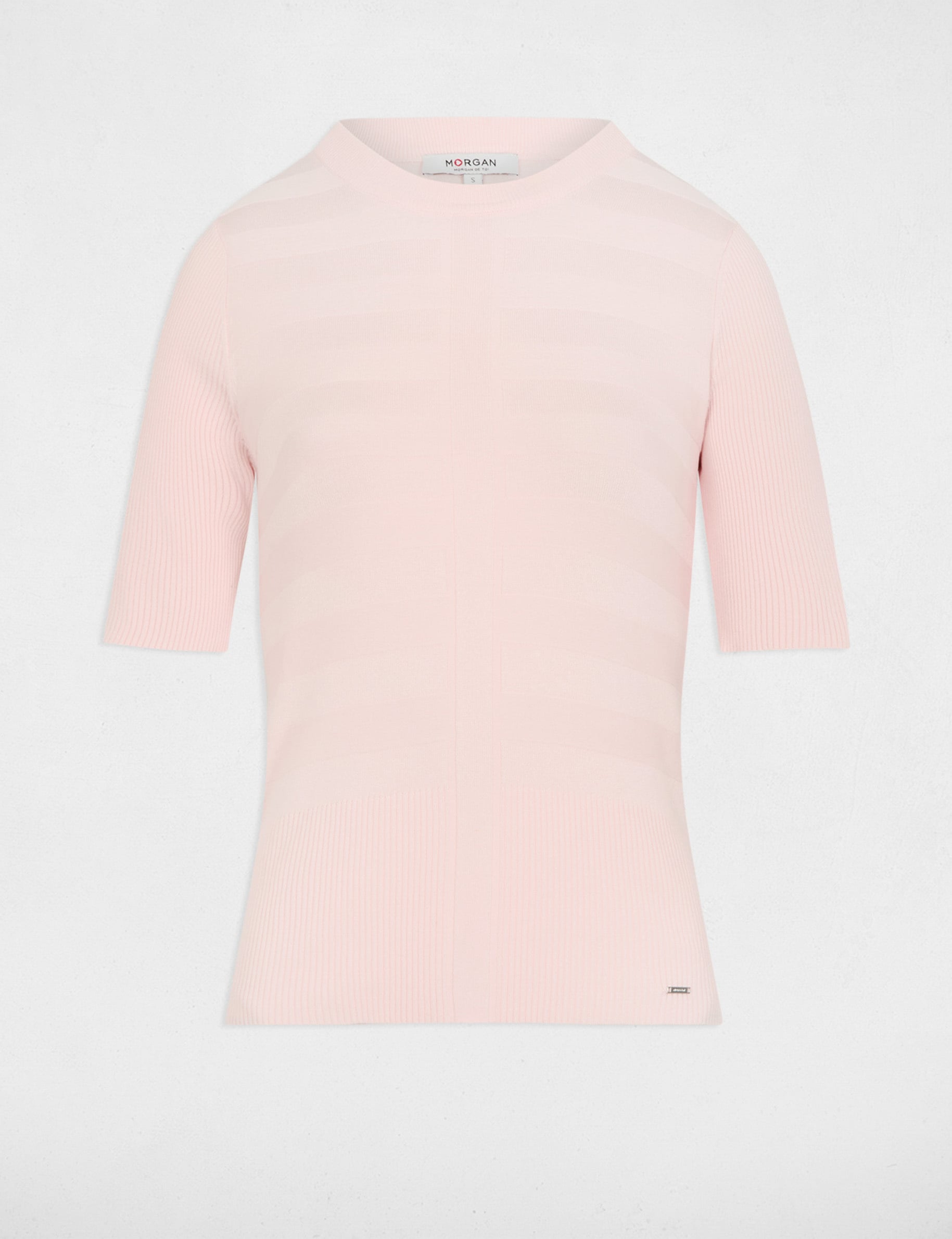 Pull col rond manches courtes rose clair femme