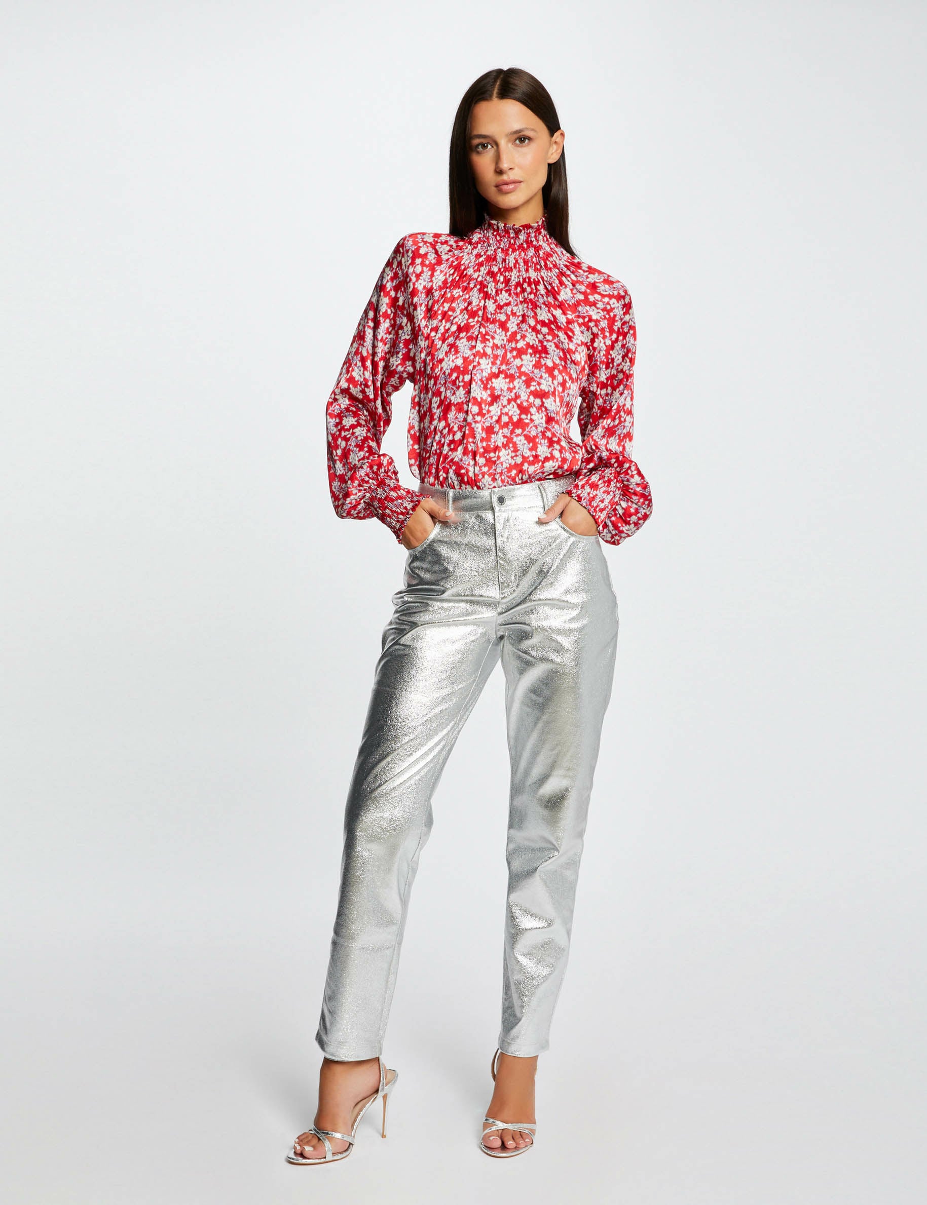 Pantalon droit simili cuir m&eacute;tallis&eacute; argente femme