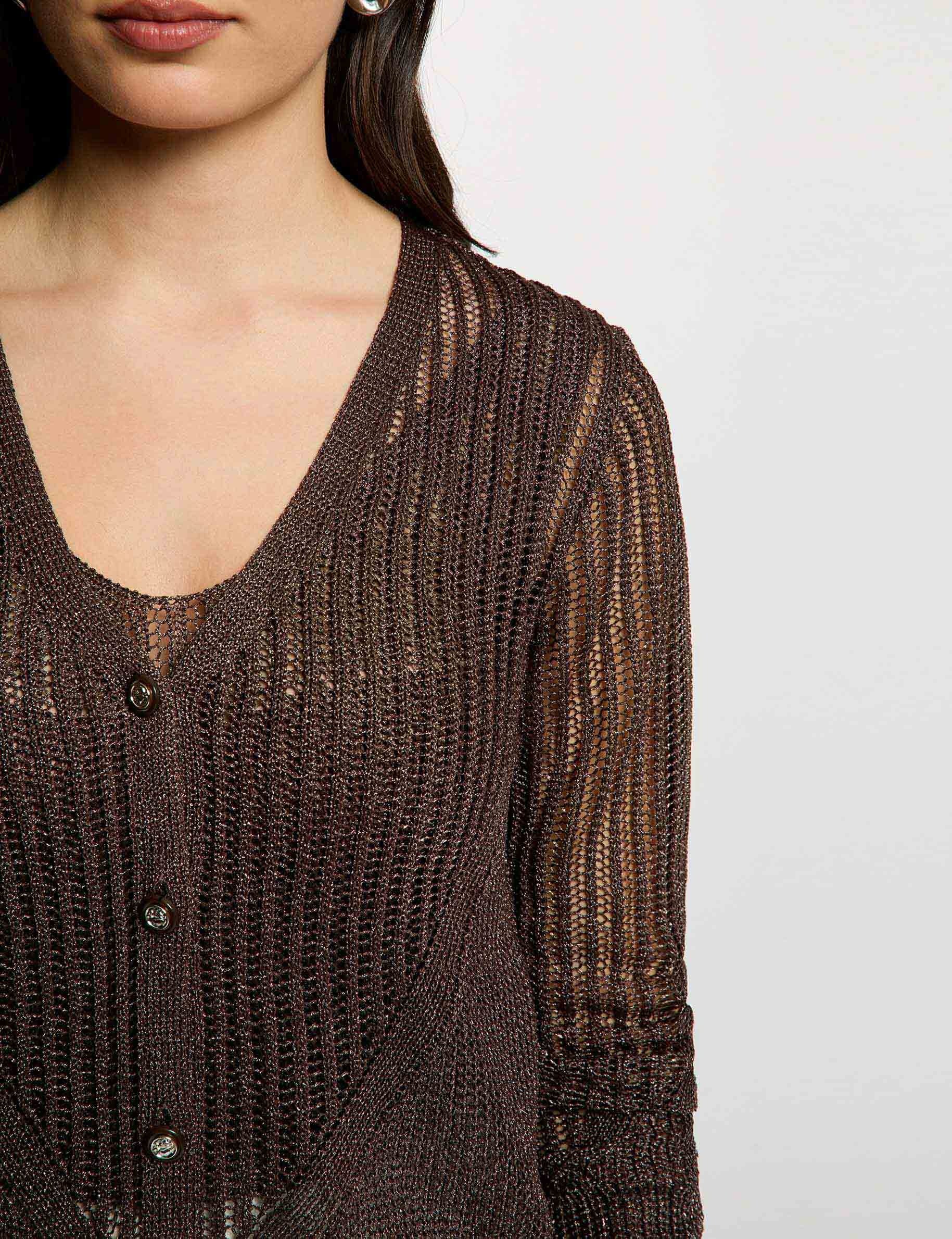 Gilet manches longues ajour&eacute; marron fonc&eacute; femme