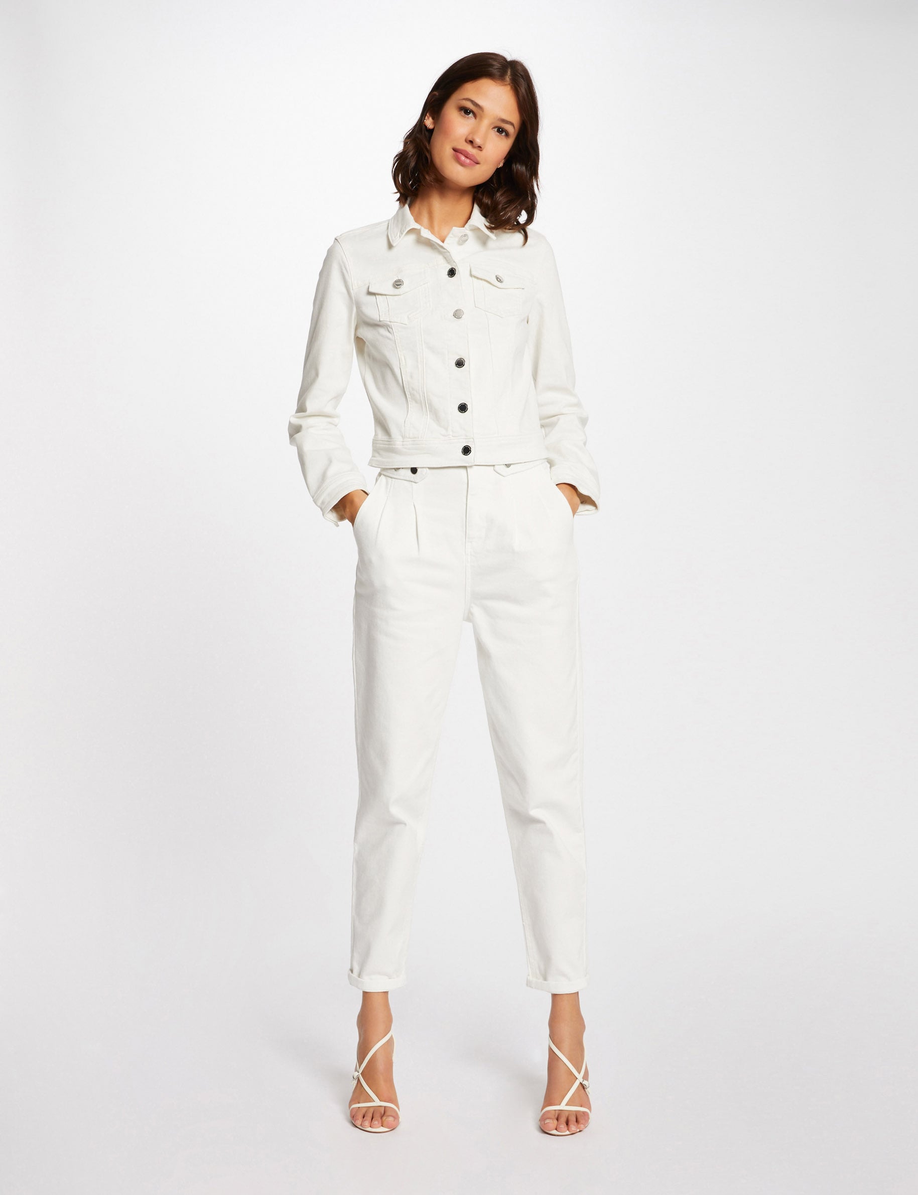 Veste droite boutonn&eacute;e en jean ivoire femme