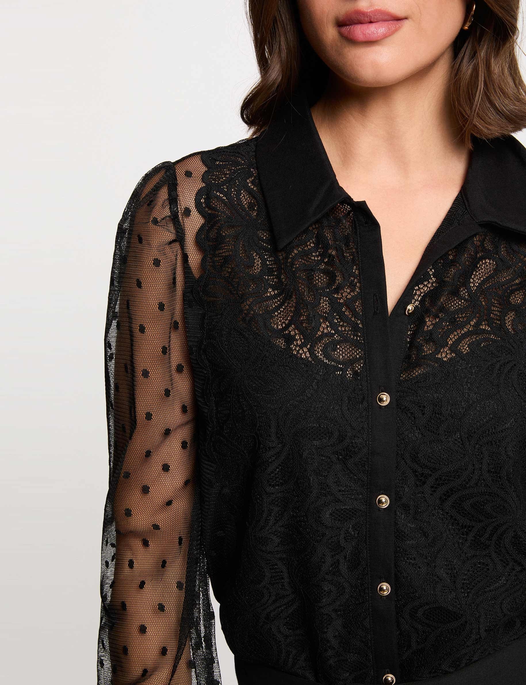 T-shirt dentelle manches longues noir femme