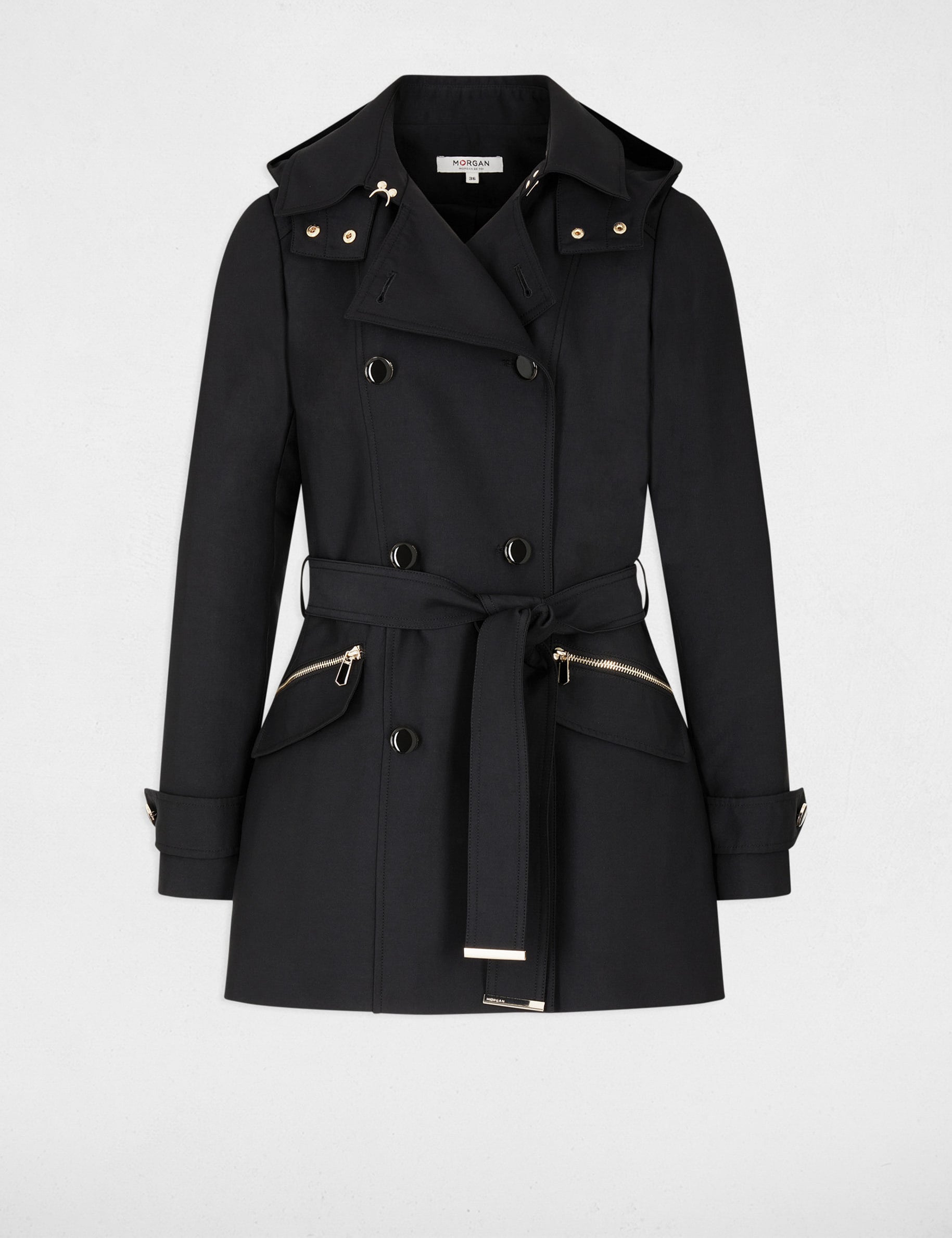Trench cintr&eacute; ceintur&eacute; &agrave; capuche noir femme