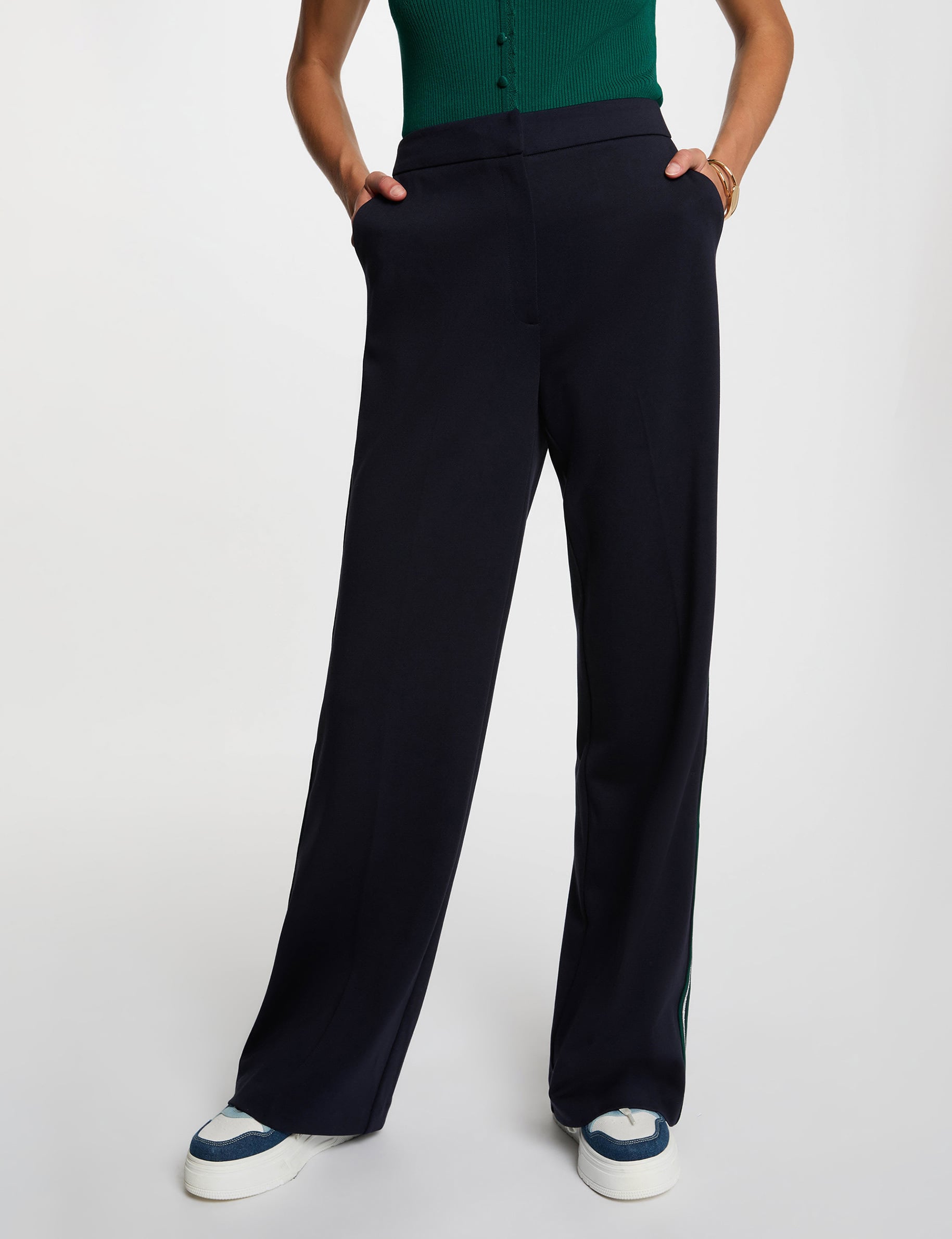 Pantalon large bandes c&ocirc;t&eacute;s bleu marine femme