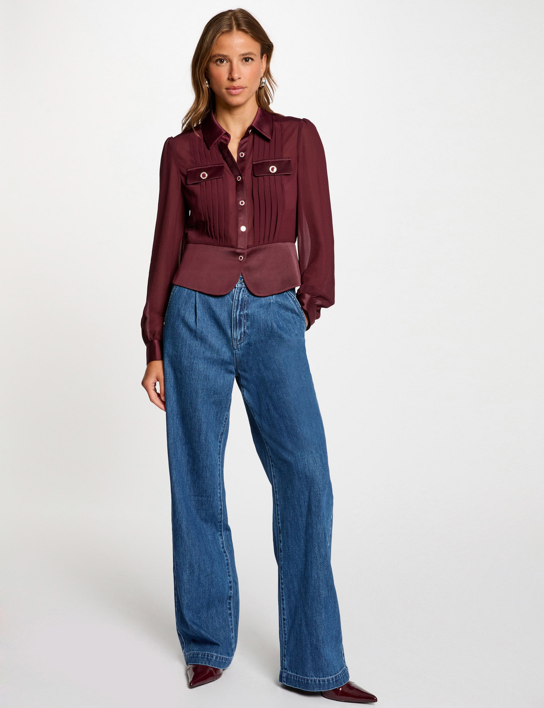 Chemise manches longues avec plis prune femme